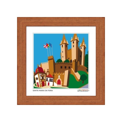 Quadro com ilustração de castelo e edifícios com moldura de madeira