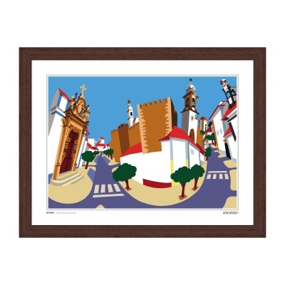 Ilustração colorida de vila com castelo e igrejas em moldura de madeira castanha escura