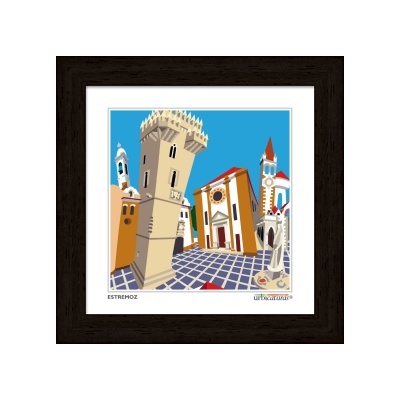 Ilustração colorida de monumentos em Estremoz com moldura preta