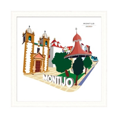 Ilustração com arquitetura, árvores e fonte com o texto MONTIJO