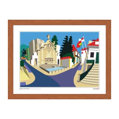 quadro com arte digital colorida de fonte pombalina, ruas, casas, árvores e bandeiras