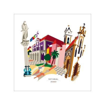 Ilustração colorida de monumentos e edifícios emblemáticos de Setúbal