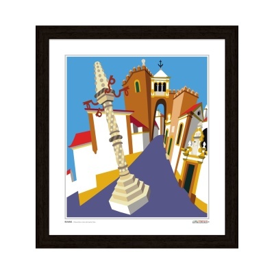 Ilustração estilizada de rua com colunas e edifícios coloridos em moldura preta