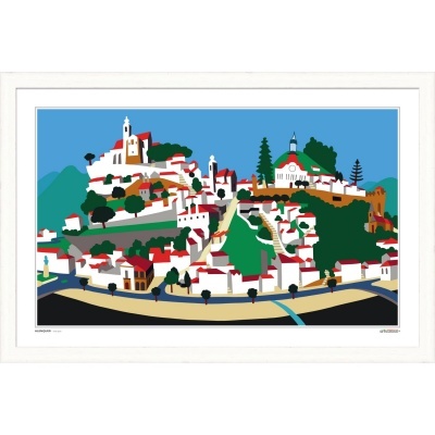 Ilustração de vila com casas brancas de telhado vermelho e castelo em colinas