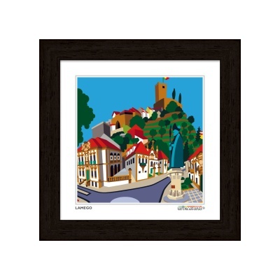 Quadro estilizado da cidade de Lamego com castelo e estátua em moldura preta