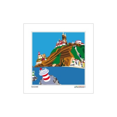 Ilustração de farol e encosta com edifícios em Nazaré.