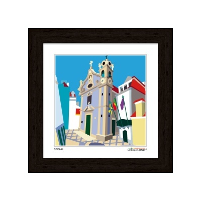 Quadro com ilustração colorida de edifício histórico em Seixal com moldura de madeira