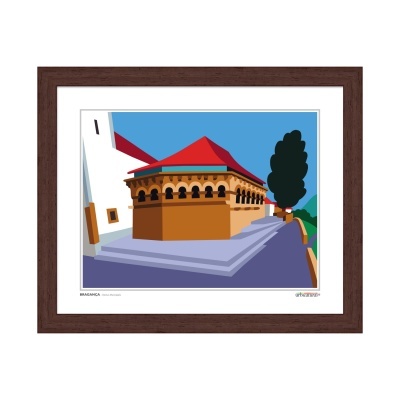 Quadro com imagem de edifício com telhado vermelho e arcos em parede castanha