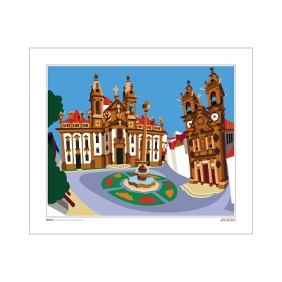 Ilustração de edifícios históricos barrocos em Braga com fonte central colorida