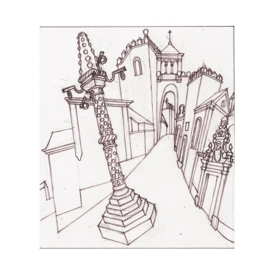 Desenho a lápis de rua antiga com edifícios e escultura central