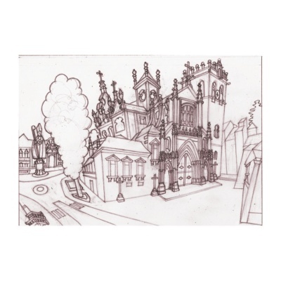 Desenho a lápis de edifícios históricos e rua com fonte e árvore