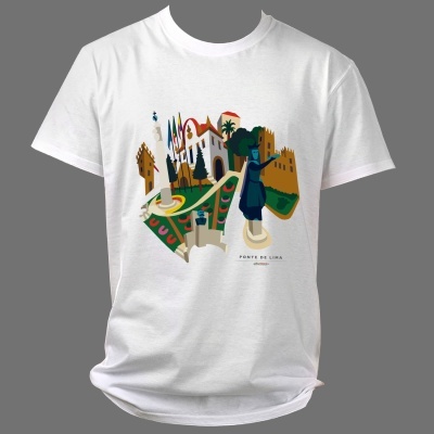 T-shirt branca com estampa gráfica colorida da Fonte de Lima