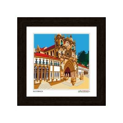 Ilustração da fachada da Abadia de Alcobaça em moldura negra