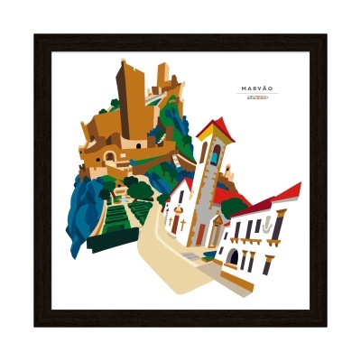 Quadro decorativo estilizado da vila de Marvão com castelo, igreja e casas coloridas