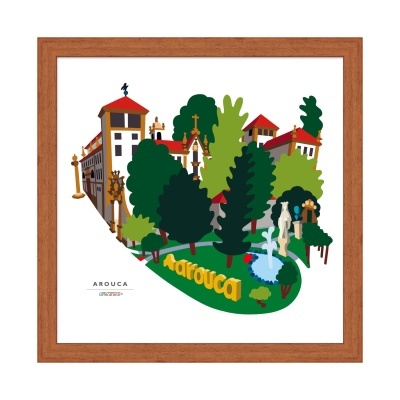 Ilustração colorida de edifícios, árvores e fonte com texto Arouca