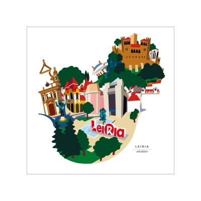 Ilustração do mapa turístico colorido da cidade de Leiria com edifícios e natureza