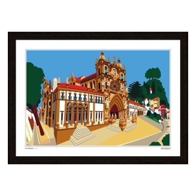 Ilustração arquitetónica de igreja com moldura negra