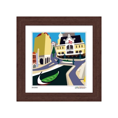Quadro emoldurado com arte estilizada de Aveiro, mostrando edifícios coloridos e canal com embarcação