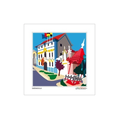 Ilustração de edifício com bandeiras e quiosque vermelho em Grândola