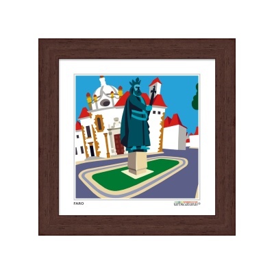 Ilustração emoldurada de estátua azul em praça com edifícios brancos e telhados vermelhos.