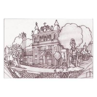 Desenho a lápis de edifício clássico com árvores e estátuas numa paisagem urbana.