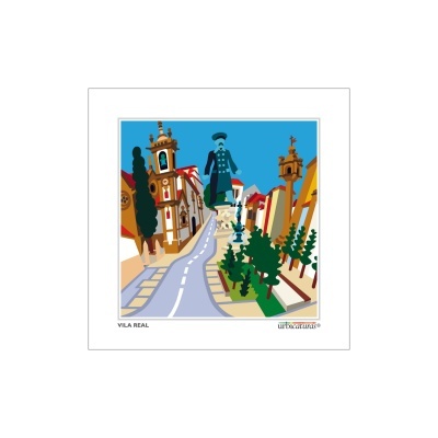 Ilustração estilizada de rua em Vila Real com estátua e edifícios coloridos