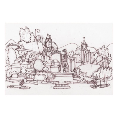 Desenho a lápis de um cenário urbano com edifícios históricos e barcos no rio