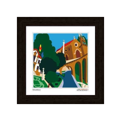 Ilustração gráfica de paisagem urbana de Vouzela com edifícios, árvores e estrada