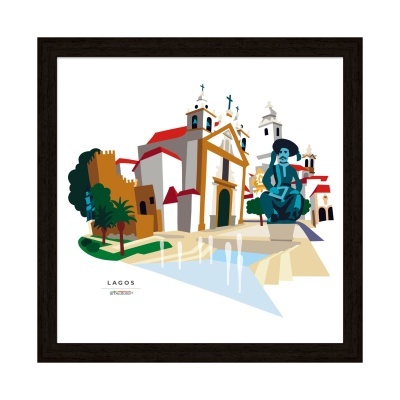 Arte digital estilizada de Lagos Portugal com igreja e estátua em moldura preta