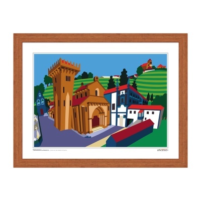 Desenho colorido do Mosteiro de São Salvador de Travanca em Amarante com edifícios e colinas verdes emoldurado