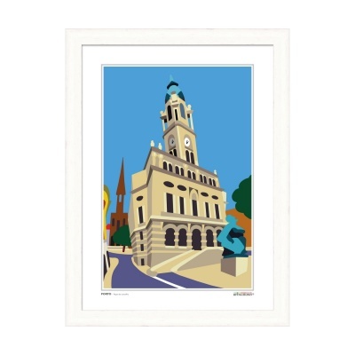 Ilustração digital de edifício histórico com torre e relógio em moldura branca