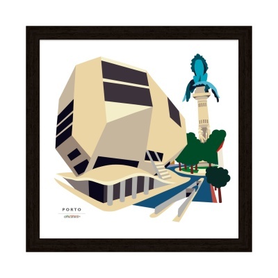 Ilustração da Casa da Música em Porto com coluna e árvores ao lado