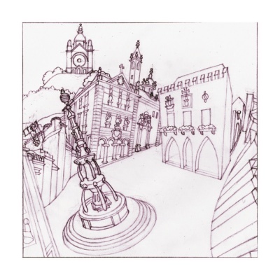 Desenho a lápis preto e branco de rua urbana com edifícios e estrutura vertical decorativa