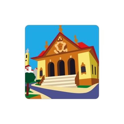 Desenho de edifício amarelo com telhado vermelho e escadaria branca em cenário urbano