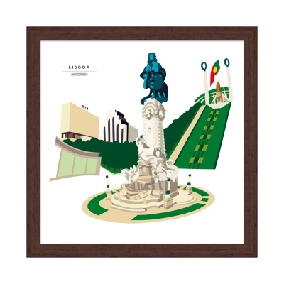 Ilustração estilizada do monumento aos Restauradores de Lisboa em moldura castanha.