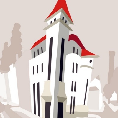 Desenho estilizado de edifício com telhado vermelho e paredes brancas