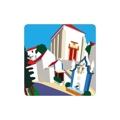 Ilustração digital colorida de vila portuguesa com fonte decorativa