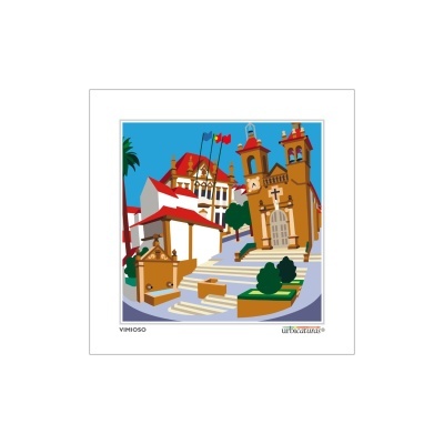 Ilustração de edifícios históricos em VIMIOSO com árvores e bandeiras