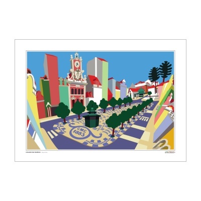 Ilustração colorida de praça urbana com árvores e prédios altos