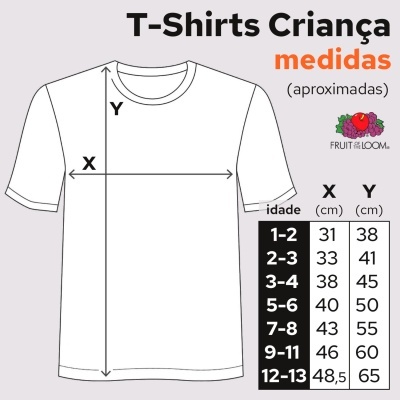 Tabela de medidas para t-shirts de criança com ilustração e logo Fruit of the Loom
