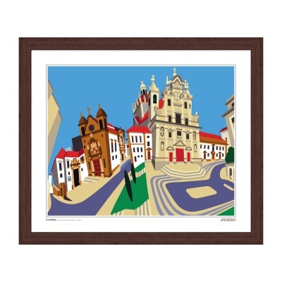 Ilustração digital de edifícios incluindo uma igreja com fachada detalhada e casas com telhados vermelhos