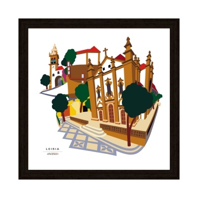 Ilustração colorida de monumento em Leiria com árvores e padrão no chão