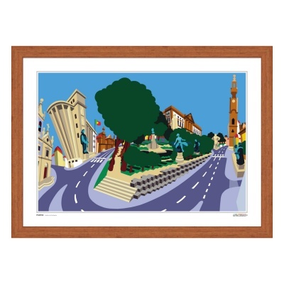 Quadro ilustrativo urbano com moldura de madeira