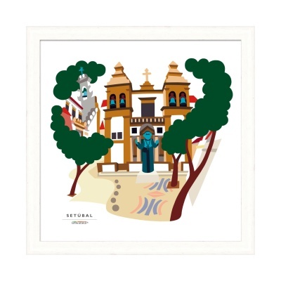 Ilustração de igreja de Setúbal com árvores e estátua