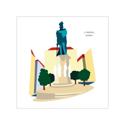 Ilustração da estátua de um cavaleiro em Lisboa com edifícios e árvores