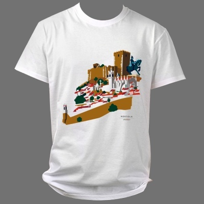 T-shirt branca com estampa colorida de monumentos históricos e texto 'MERTOLA PORTUGAL'