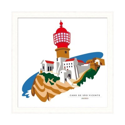 Ilustração de farol em falésia com edifícios e texto Cabo de São Vicente