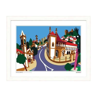 Ilustração colorida de uma cidade com estrada e edifícios em moldura branca