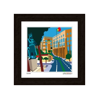 Quadro decorativo com ilustração urbana de Elvas em cores vibrantes.