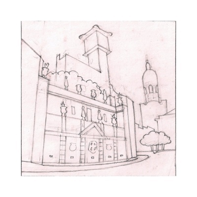 Desenho a lápis de uma fachada de edifício com torre e árvore ao lado